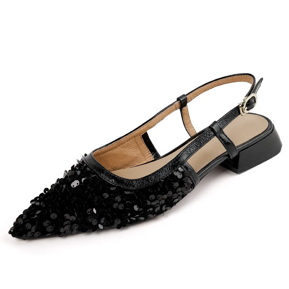 

danxuefei women's cow leather sequin fabric patchwork slingback slip-on flats sandals pointed toe casual female summer shoes hot