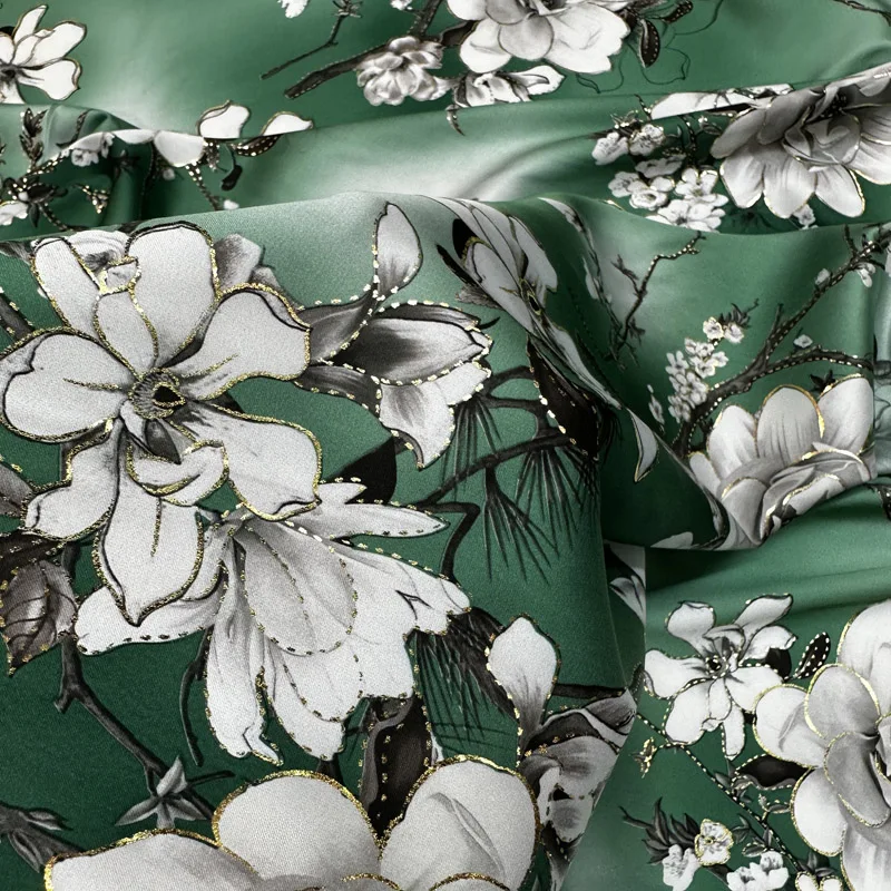 green emerald velvet dress PURE MULBERRY SILK fabric by the yard - Green floral silk fabric - Handmade  fabric  Dress making  Silk apparel fabric