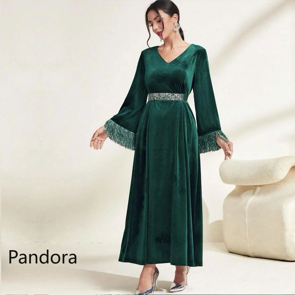 Pandora Beaded Long Women's Formal Evening Gown Long Sleeve V-neck Ankle-length A-line Wedding Birthday Ball Party Dress