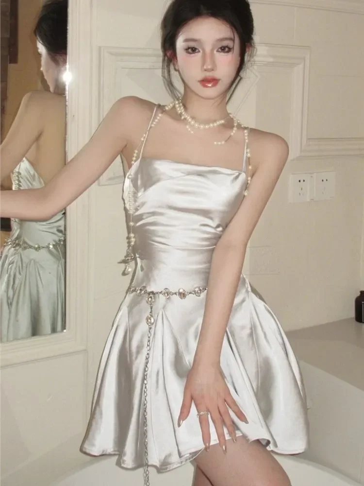 

Women 2023 Summer Korean Style Backless Retro Off Shoulder Dress Slim Lace Up Dress Female Sleeveless Sexy Mini Dress