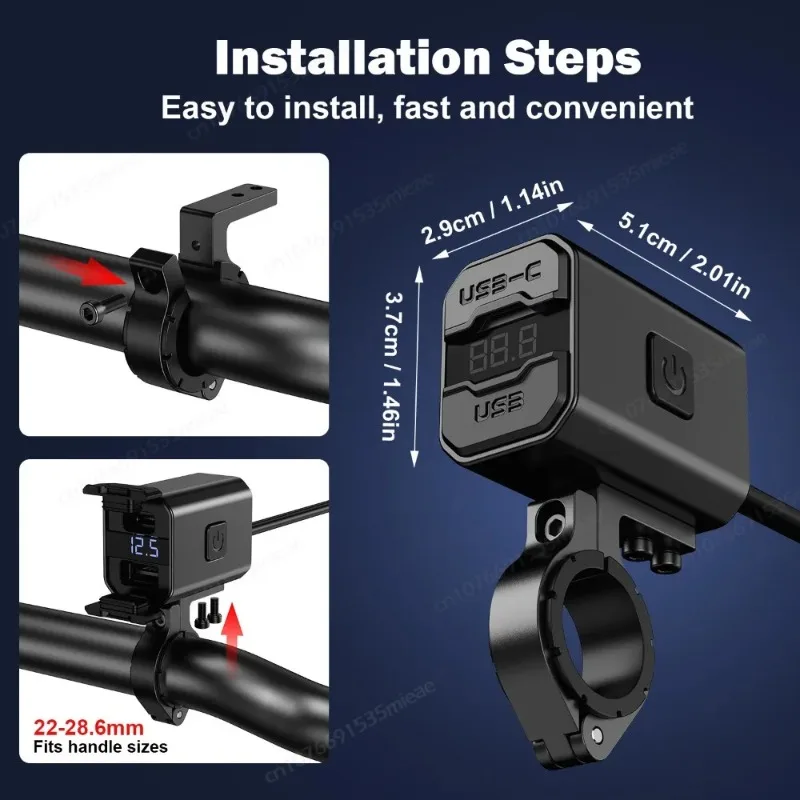 알루미늄 오토바이 USB 충전기 PD3.0 USB-C 고속 충전기 전원 어댑터 QC3.0 듀얼 소켓(스위치 포함) 방수 디지털 전압계
