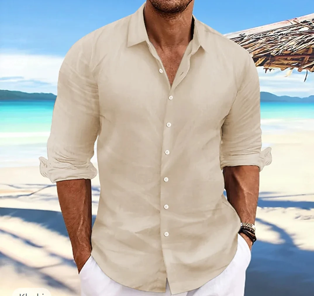 thumbnail image 1 of Camisa informal fina de primavera/verano para hombre, última camisa de lino y algodón explosiva de manga larga con solapa para playa, 1 of 5