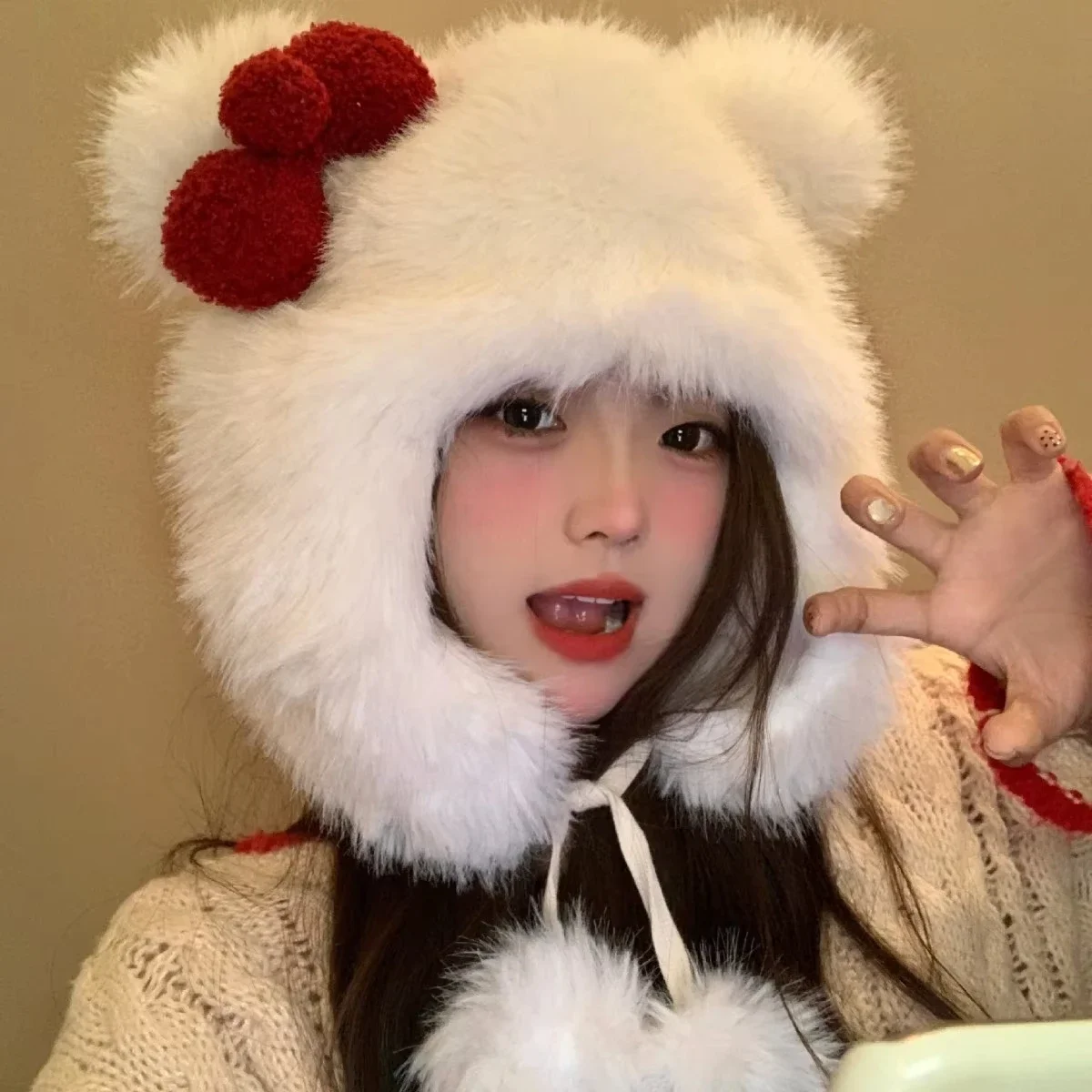 Kawaii Hello Kitty Korean Sweet Bow Plush Bomber Cap Winter Women Keep Warm Windproof Ear Protection Cute Christmas Gift
