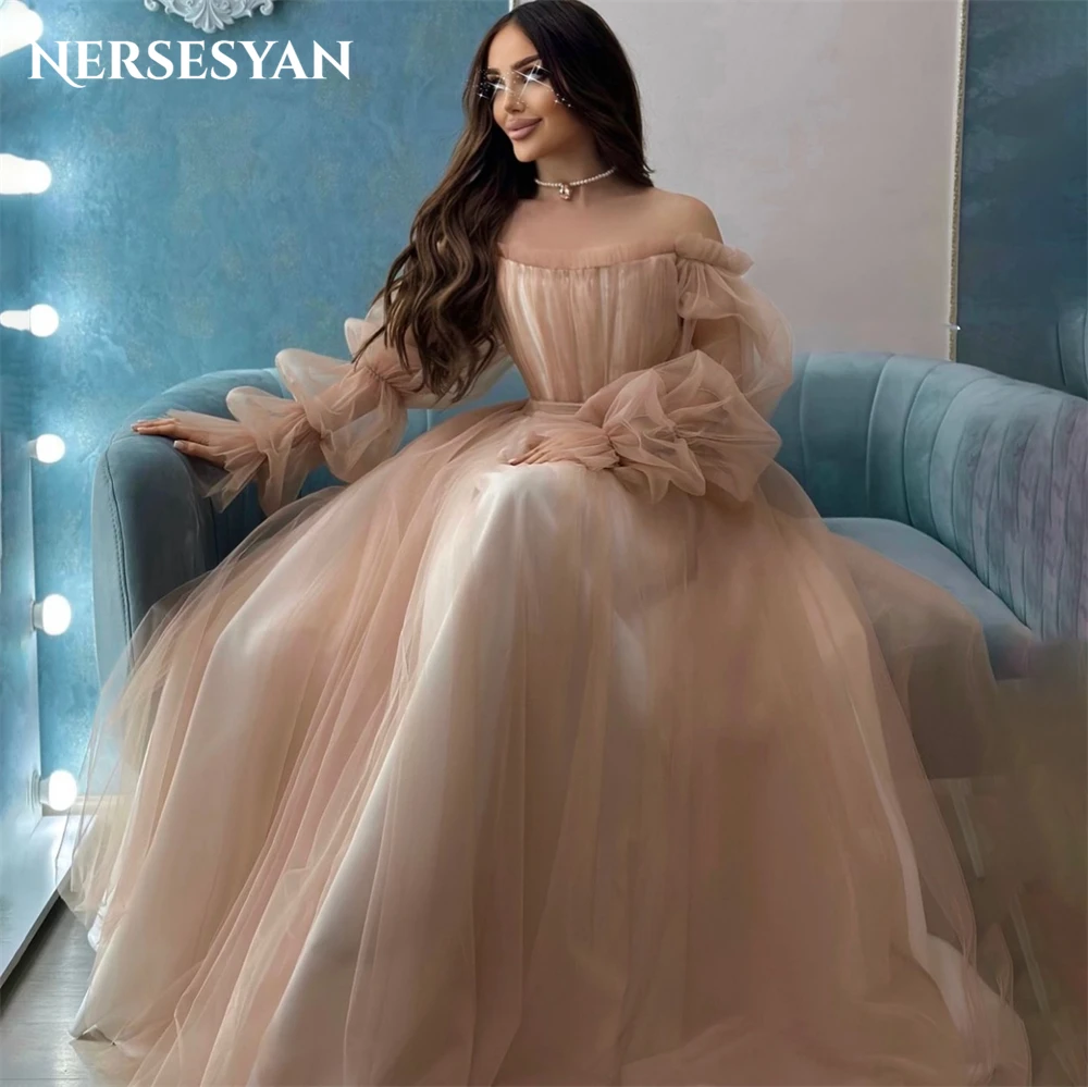 

Nersesyan Champagne Elegant Formal Prom Dresses Off Shoulder A-Line Tiered Puff Sleeves Evening Dress Backless Party Gowns 2024