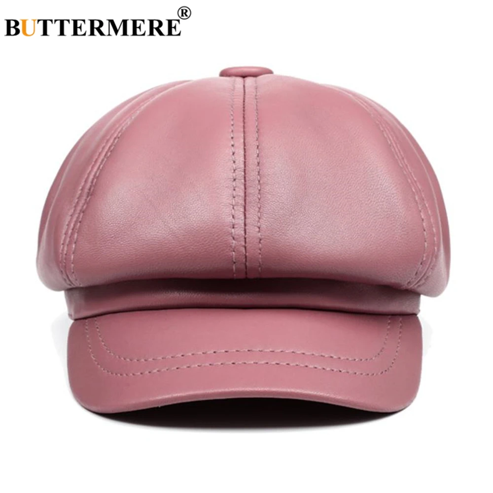 BUTTERMERE Genuine Leather Vintage Hat Women Newsboy Cap Pink Baker Boy Cap High Quality Brand Ladies Winter Octagonal