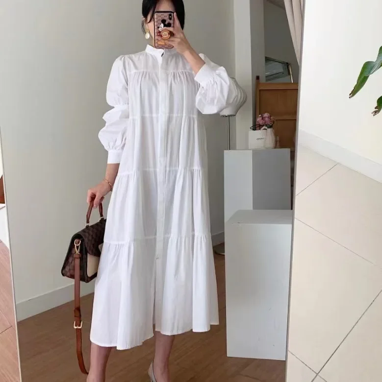 

Casual Loose Shirt Dress Women Spring Summer Elegant Oversized Solid White Ruffle Big Swing Long Maxi Dress Holidy Vestidos Robe