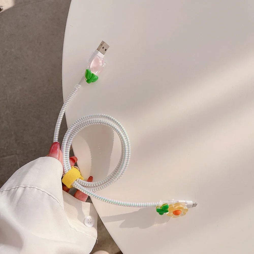 Ins Flowers Cable Protector USB Charger Data Line Wire Cord Case for IPhone Android Office Desk Organizer