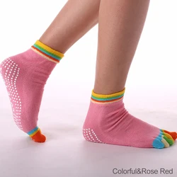 Women's Vibrant Non - Slip Yoga Toe Socks - Breathable Cotton Fitness Wear (Colorful Rose Red)