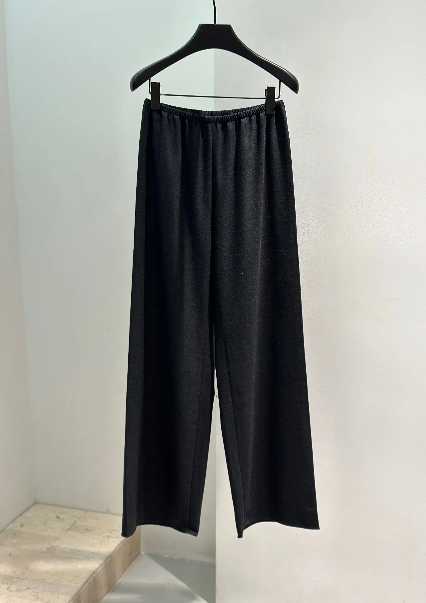 French Style Women 100% Wool Solid Elastic Waist Wide Leg Pants Elegant Lady All Match Long Trousers Pant 2025 Autumn