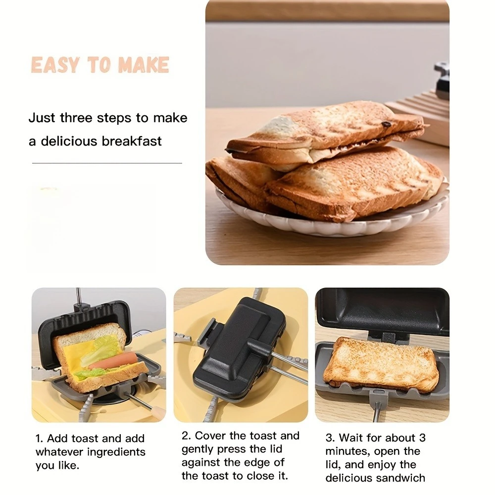 Aluminum Alloy Dual-Surface Non-Stick Sandwich Maker with Detachable Grill Clamp & Toast Mold Double-Sided Breakfast Press Stove