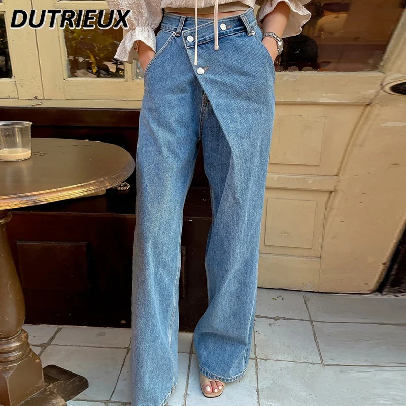 

Korea Style Autumn Retro Minority High Waist All-Matching Denim Pants Irregular Diagonal Buckle Design Wide Leg Jeans for Women