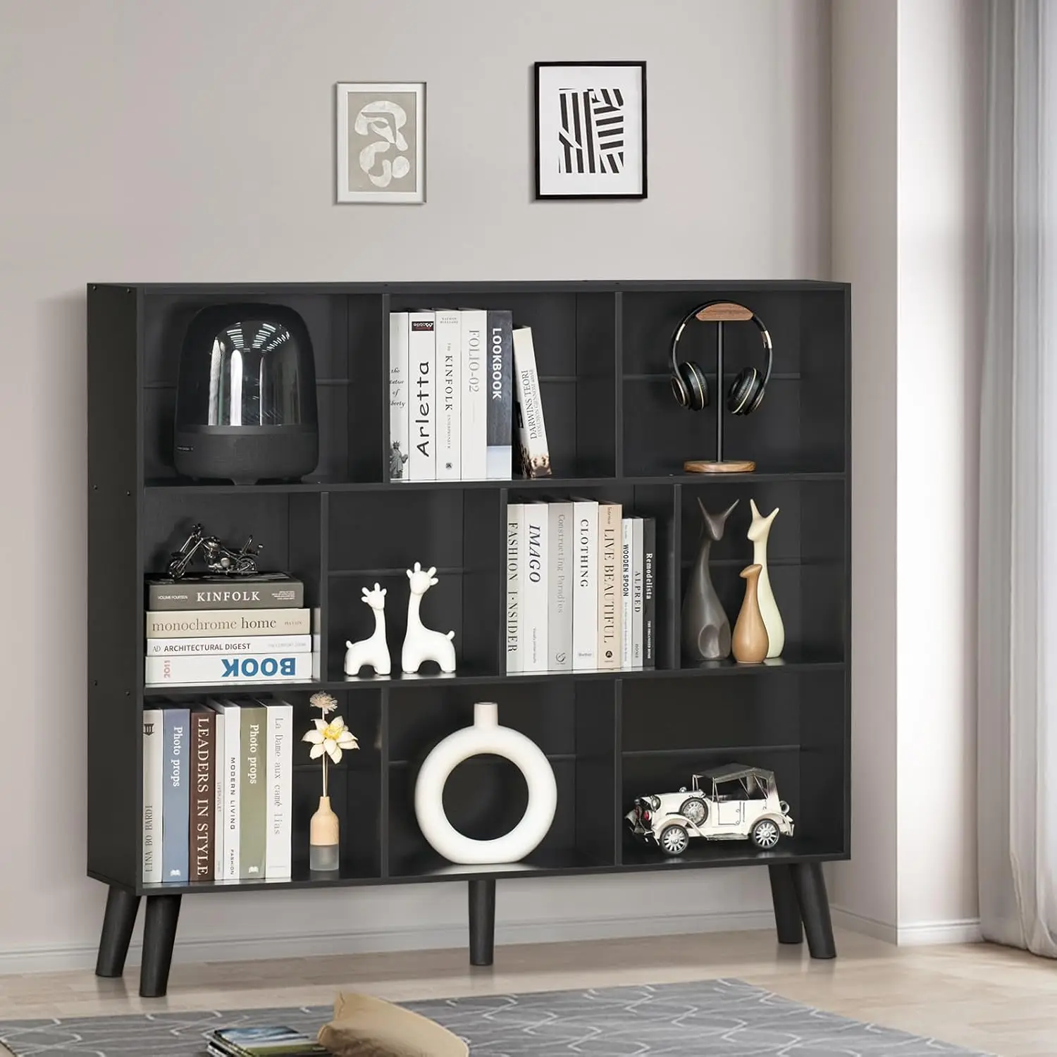Yaharbo 10 Cube Bookshelf,3 Tier Bookcase With Legs,Black Mid-Century Modern Bookshelves,Large Free Standing Open Storage 3