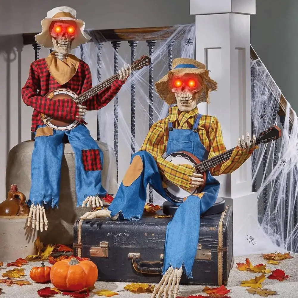 40cm Halloween Animated Banjo Skeletons Fall Country Musician Playing Banjo Figurine For Thanksgiving Autumn Harvest Decor