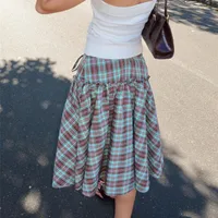 Gaono Women Low Rise Plaid Midi Skirt Lace Up Ruffle Hem A Line Skirt Vintage Tie Up Gingham Tiered Skirt Going Out Streetwear - Image 6