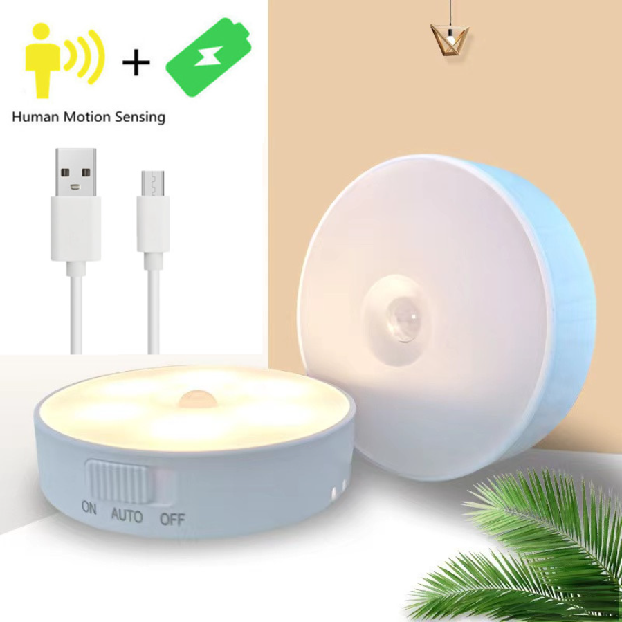  Motion Sensor Light Led USB NightLights Round Chargeable Lamp for Bedroom Kitchen Stair Hallway Wardrobe Lighting Cupboard 