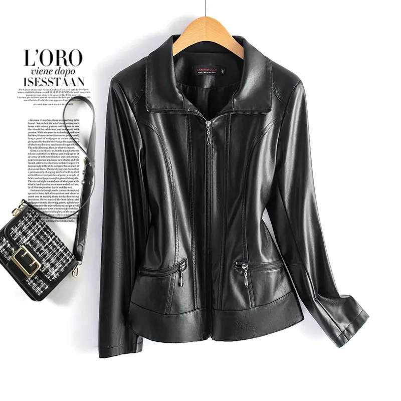 

M-6XL Fashion Black Split Sheepskin Jackets Women Long Sleeve Lapel Collar Zipper Coats Chic Ladies Slim Real Leather Jackets