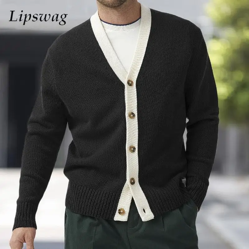 

Fashion Contrast Color Knit Sweater Mens Cardigan Autumn Casual Button-up V Neck Sweaters Jacket Coat Men Vintage Slim Knitwear