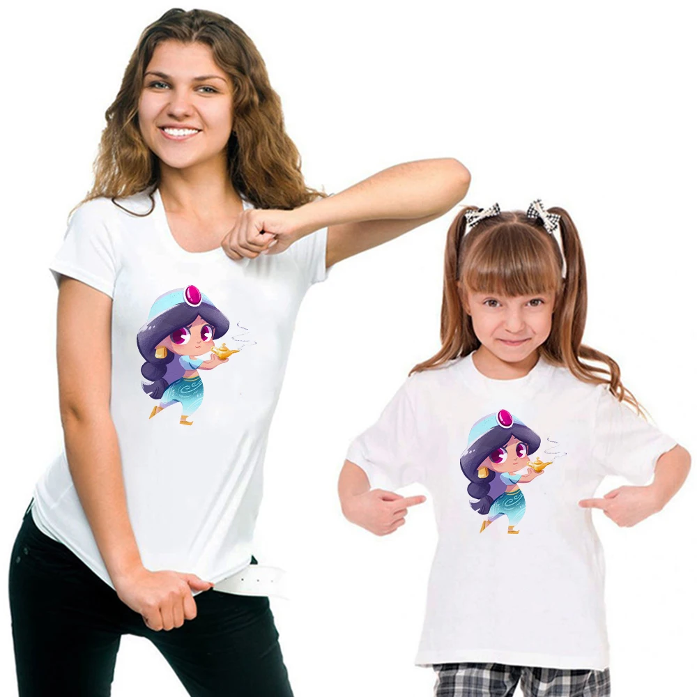 Mom And Daughter Matching Outfits Frozen Princess Elsa Print Mother Kids Clothes Summer White Comfy Short Sleeve Mom Daughter Matching T Shirt Fashion Family Look couple outfits