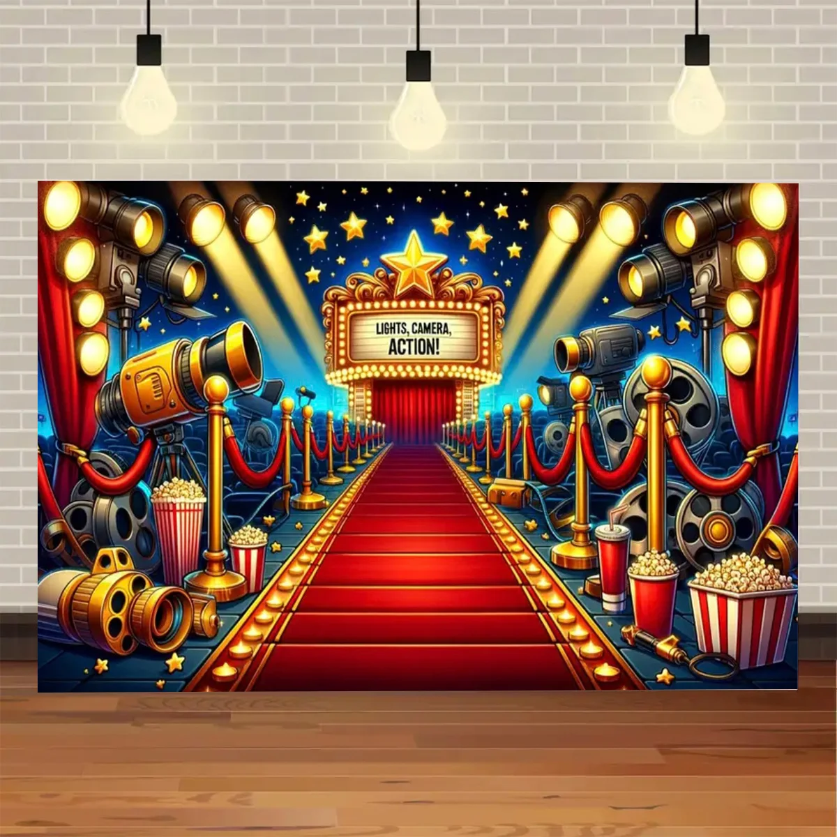 Description Picture 6 of itemCinema Film Theme Birthday Party Backdrop Red Carpet Popcorn Stage Birthday Party Photocall Photography Background Photo Studio