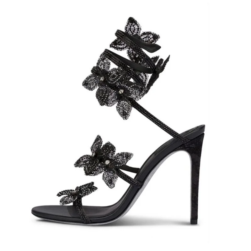 

New Rhinestone Flower Wrapped Open Toe Stiletto Heels Silver Soled Straight Line Sandals Women Party Shoes
