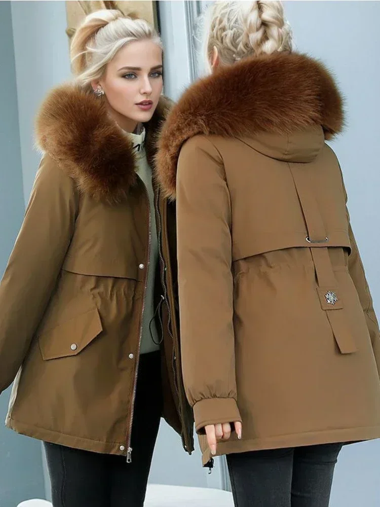 

New in Women's Winter Down Jacket 2023 Elegant Hoodie Coat Thickened Insulation Woman Clothing Plush Slim with Fur Collar Parker