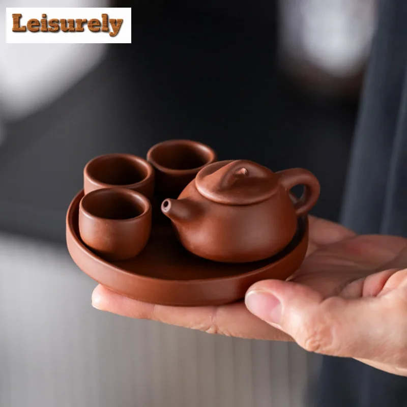Creative Small Pocket Purple Clay Tea Set Handmade Zhu Mud Fingertip Teapot 1 Pot 4 Cups Tea Play Pet Kung Fu Teaware Ornament