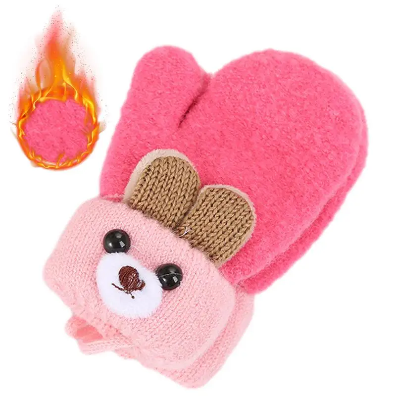 Cute Cartoon Bear Baby Gloves Winter Knitted Wool Infants Mittens Thick Warm Full Rope Gloves For Boys Girls Toddlers 0-3 Years cute cartoon baby gloves soft thick velvet warm kids gloves for baby girls boys winter children mittens with rope