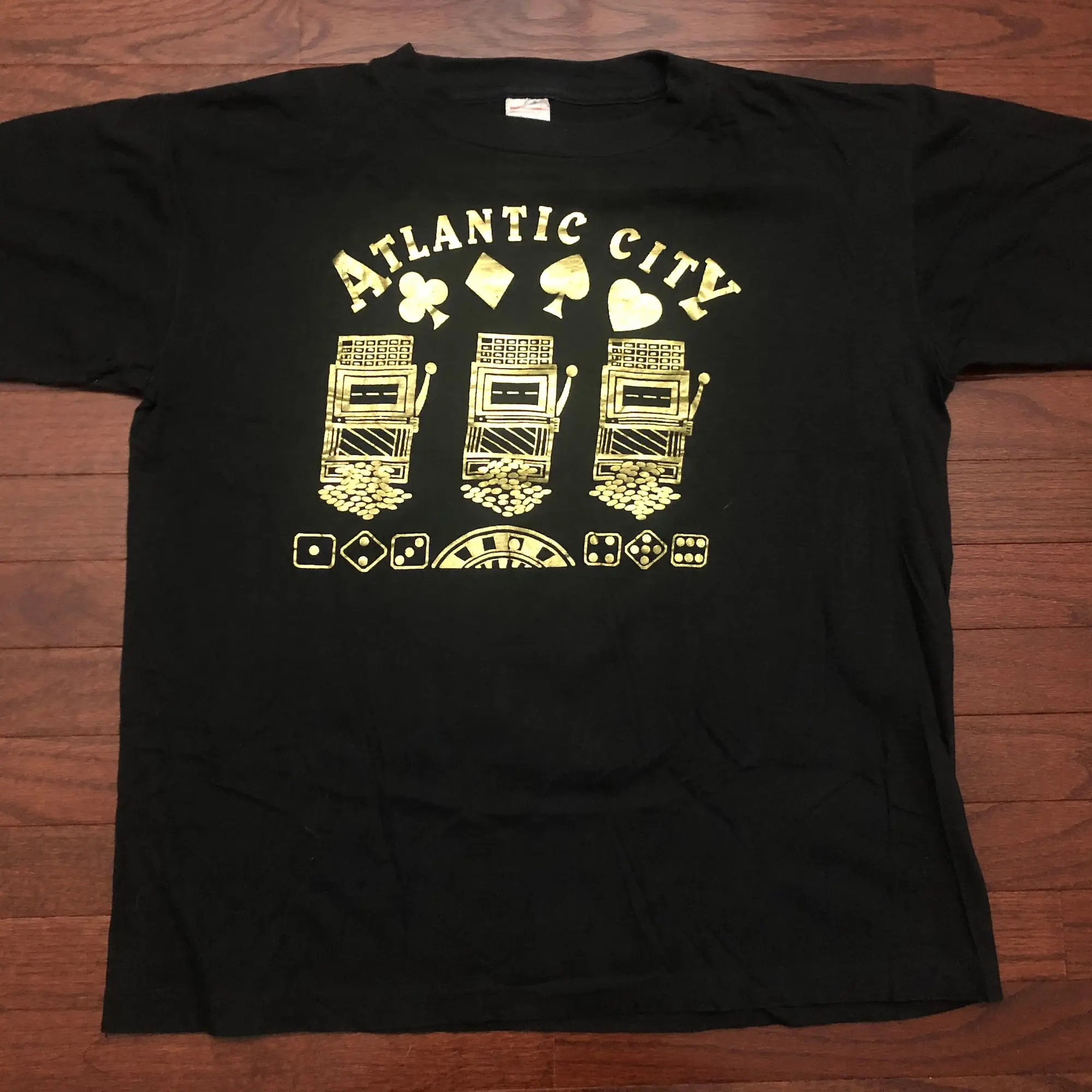 Maglietta Da Uomo New Jersey Atlantic City Degli Anni '90 Di Grandi Dimensioni Vintage 1990'S Vecta Black Gold Nj Boardwalk Casino Slot Machines E