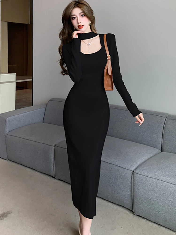 

Black Knitted Fashion Bodycon Dance Party Dress Autumn Winter Women Elegant Luxury Prom Dress 2023 Knitted Chic Sweater Dresses