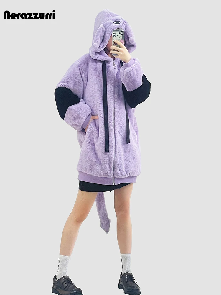 

Nerazzurri Winter Purple and Black Patchwork Faux Fur Coat Women with Bunny Ears Thick Warm Soft Sweet Cute Fluffy Jacket 2023