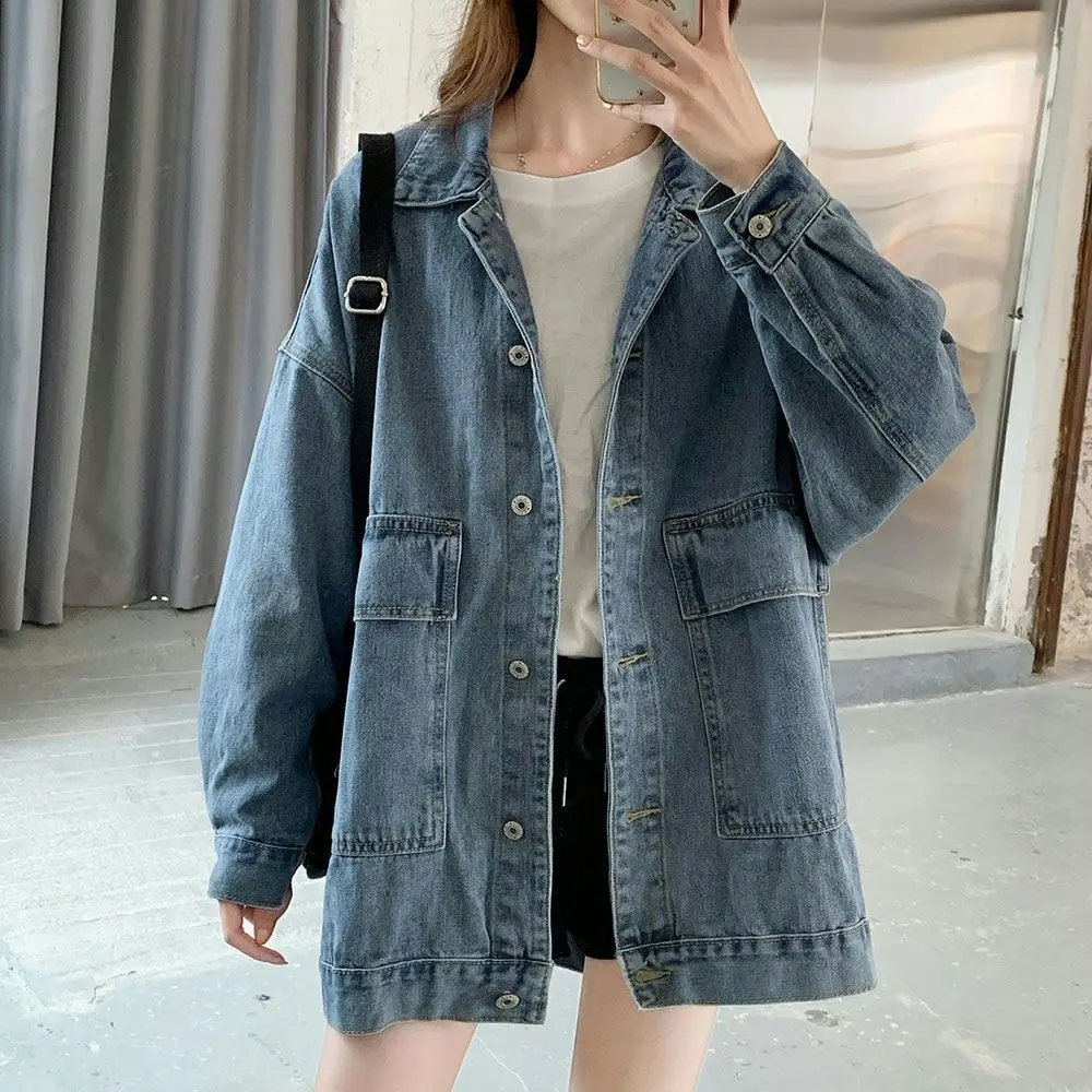 

2023 New Spring Autumn Women Denim Cardigan Work Jacket Oversized Cardigan Retro