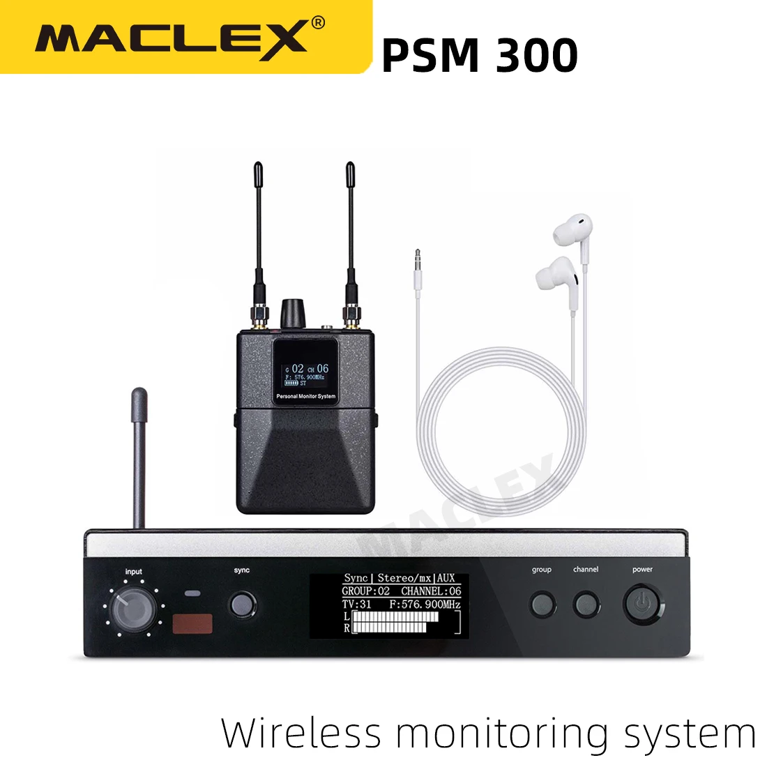 Maclex PSM300 In-Ear Monitoring System Stage Personal Wireless In Ear Monitor For Bands 500MHz 100mW 24-Bit Processor Audio