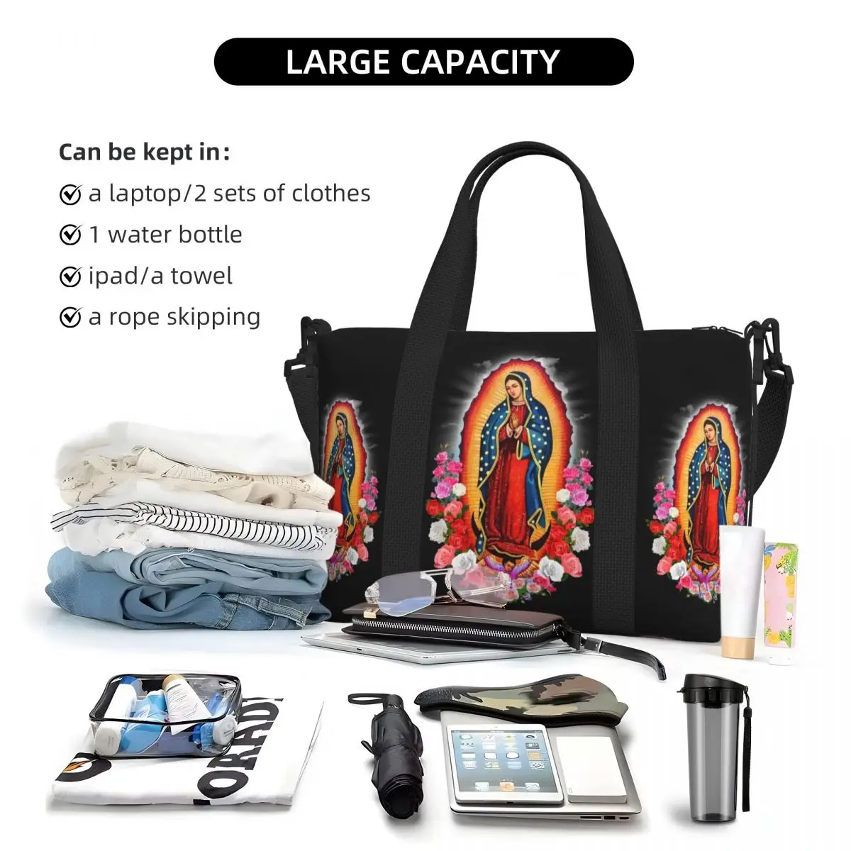 Virgin Mary Of Guadalupe Tote Bag Women Big Capacity Mexico Catholic Saint Beach Gym Travel Bags