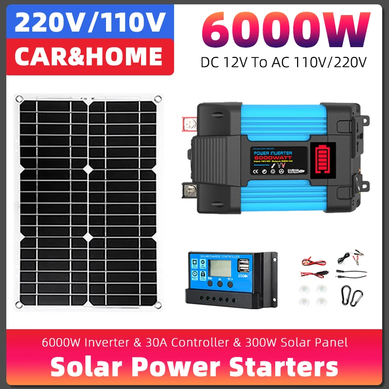 300W 18V 12V to 110V/220V 6000W Inverter 30A Controller Full Power Kit Charger Car Inverter Solar Power System Solar Panel