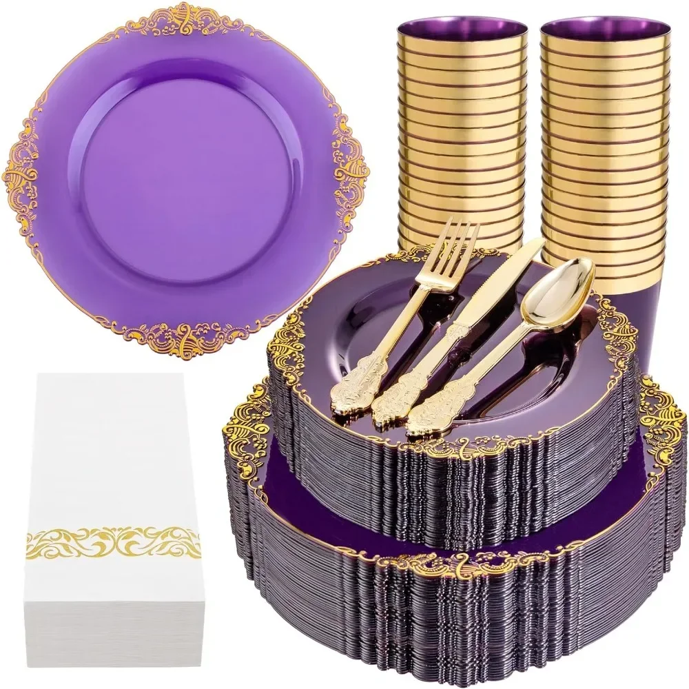 350PCS Purple Plastic Plates Dinnerware-100 Purple Disposable Party Plates, 150Gold Plastic Silverware, 50Cups, 50Napkins