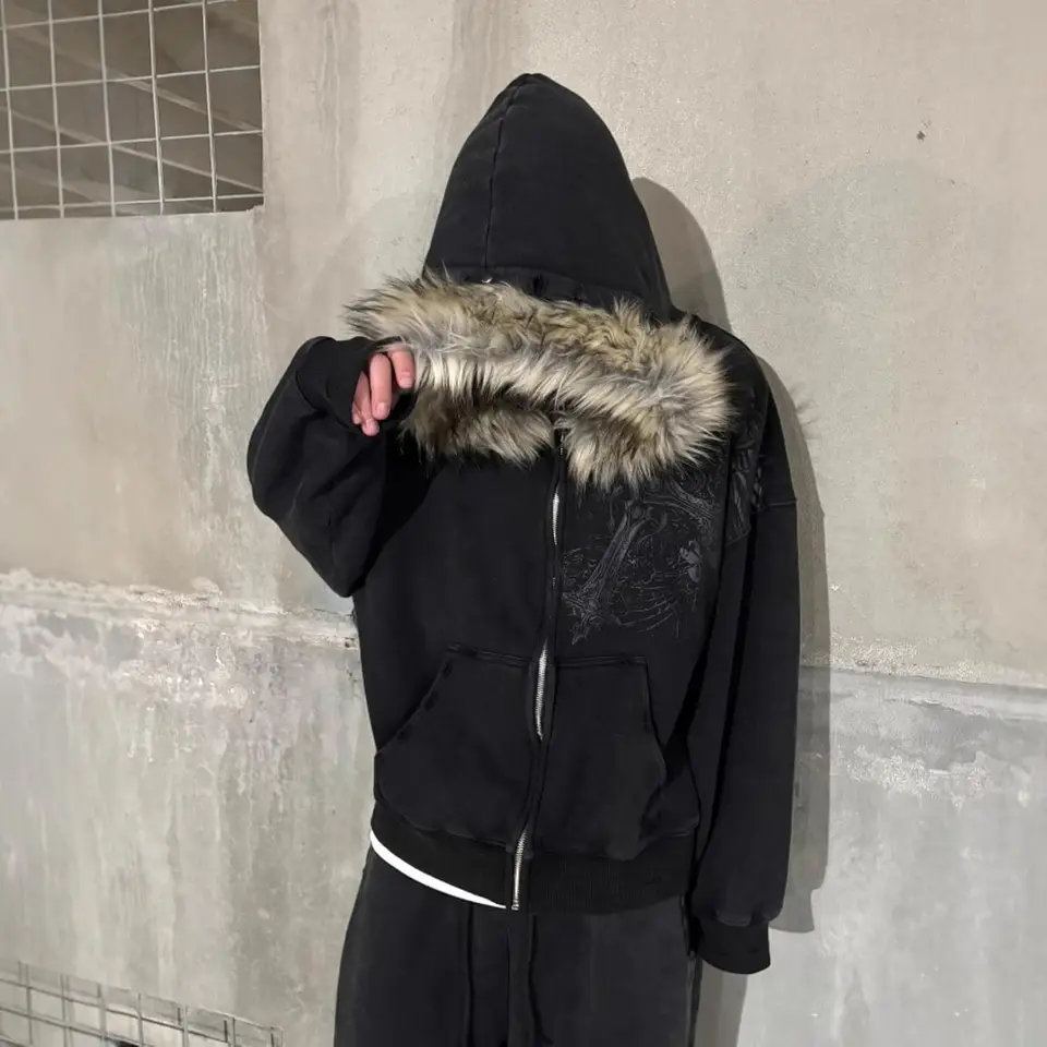 2000s Vintage Therian Fur Hood Jacket Y2k Goth Zip Up Hoodie