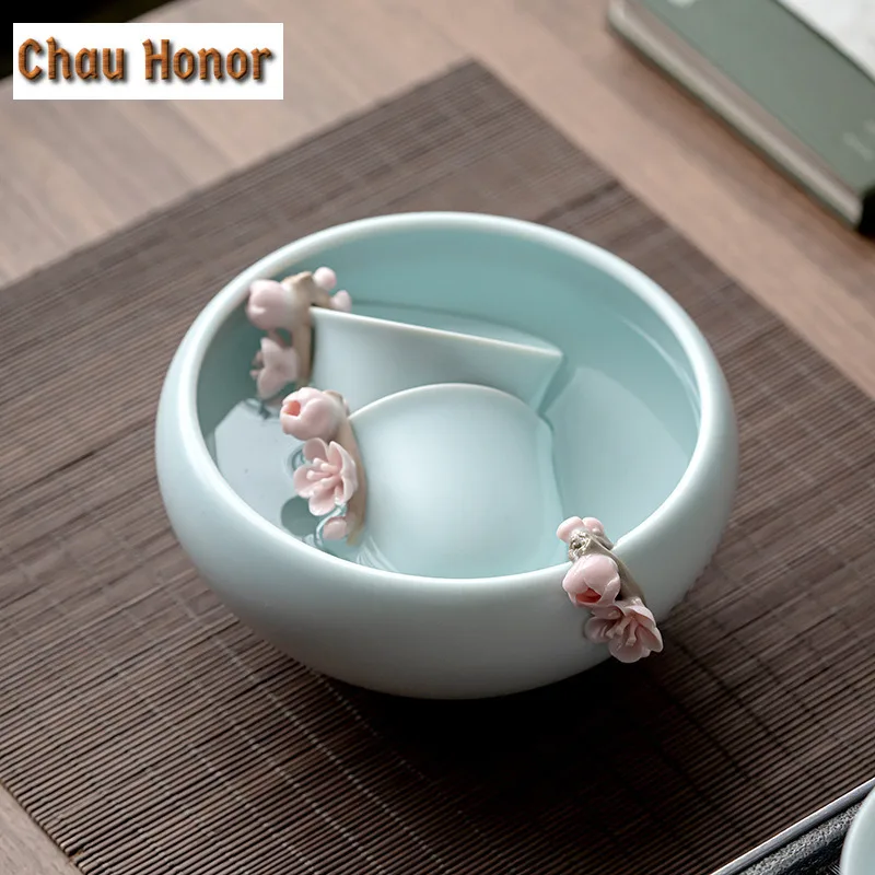 390ml Boutique Azure Ru Kiln Celadon Small Tea Wash Bowl Handmade Knead Pink Plum Blossom Ceramic Tea Garbage Can Tea Ceremony