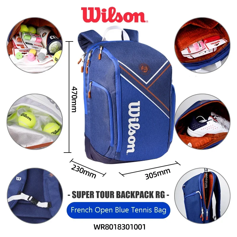 Wilson Super Tour Tennis Backpack RG France Open Sport Tennis Bag Hold 2 Racquet with Thermoguard Pocket Navy Blue WR8018301001
