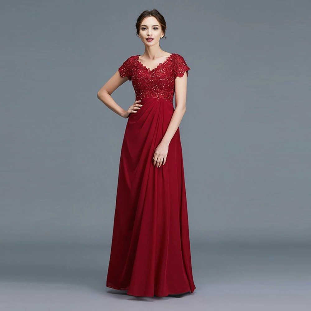 

Elegant A-Line Mother Of The Mother Dresses V-Neck Short Sleeve Floor-Length Prom Party Gown Lace Beading Chiffon Evening Dress