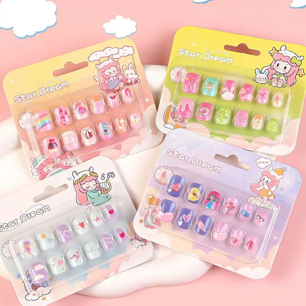 

Kids Cartoon False Nails Candy Color Cute Love Heart Children Full Cover Fake Nail Tips Bow Rainbow Cloud Design Press on Nail