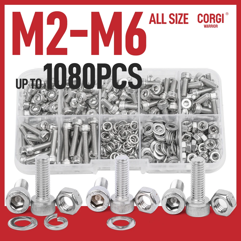 

Hex Socket Head Cap Screws Assortment Kit M2 M2.5 M3 M4 M5 M6 Stainless Steel Allen Cap Bolts Nut Washers Tool Box up to 1080