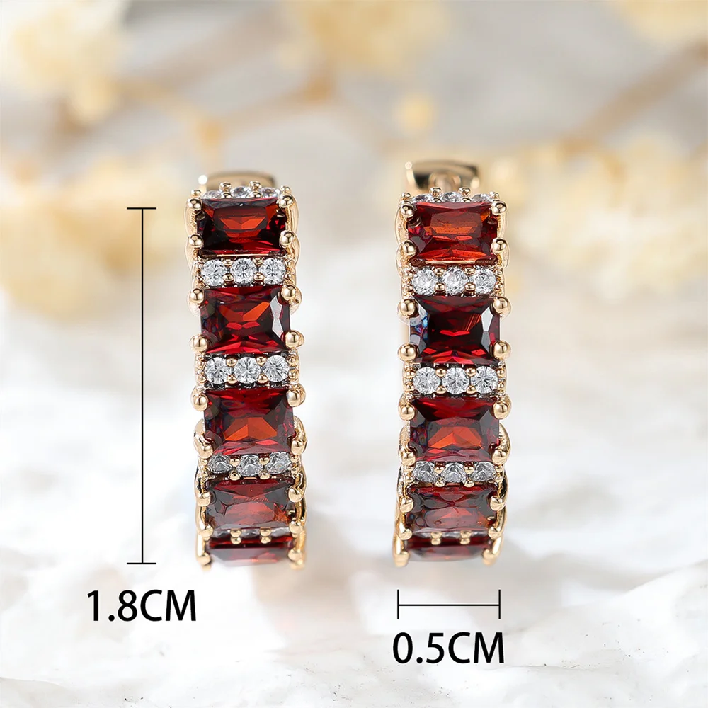 Red Crystal Square Stone Small Hoop Earrings For Women Vintage Gold Color Birthstone Ear Buckle Wedding Jewelry Versatile Gifts