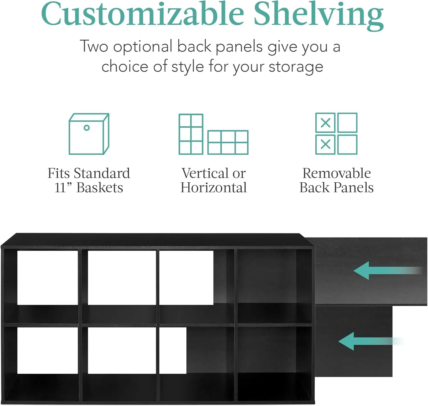 8-Cube Storage Organizer, 11in Shelf Opening, Bookcase, Display Shelf, Customizable w/ 3 Removable Back Panels – Black 3