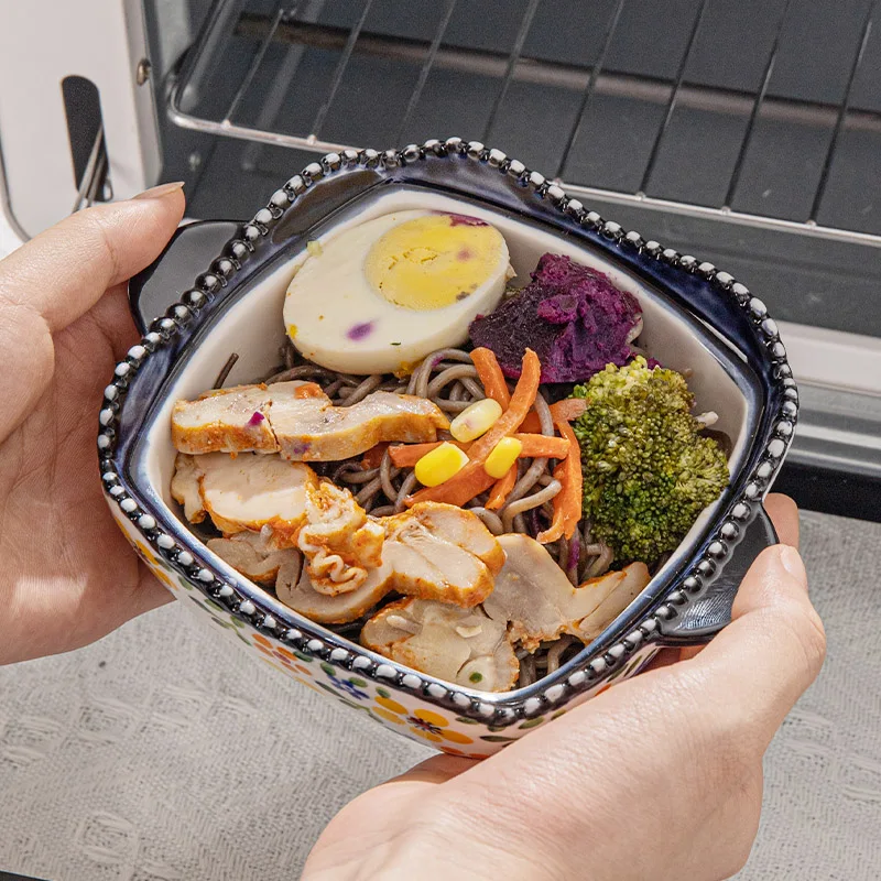두 귀가있는 보헤미안 세라믹 그릇, 가정용 음식 그릇, 창의적인 소형 라드 냄비 상자, 방수 스튜 그릇, 뚜껑 국수 그릇