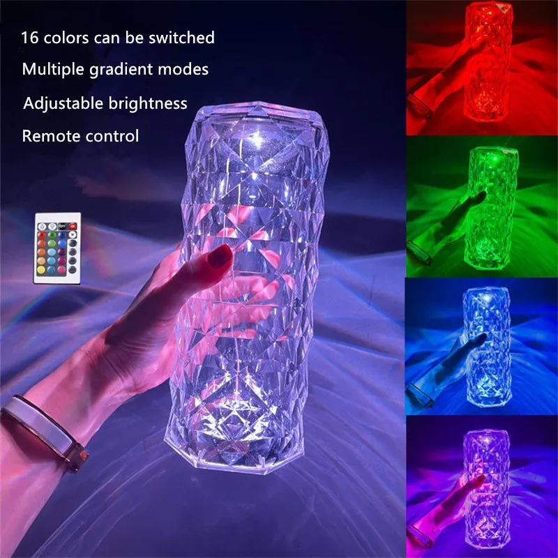 

LED Crystal Table Lamp Rose Light Projector 3/16 Colors Adjustable Touch USB Touch Night Light Romantic Diamond Atmosphere Light