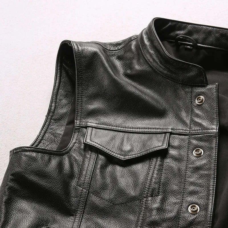 Outdoor-Sportweste mit Totenkopf-Stickerei für Herren, Echtleder Ärmellose Jacke, Rindsleder Club Riding Biker Weste – Detail 16
