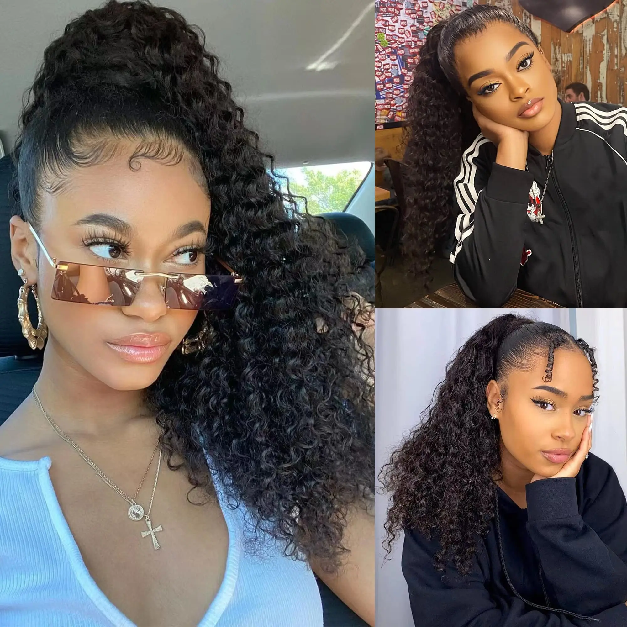 곱슬 클립 포니테일 인모 100그램 브라질산 버진 킹키 곱슬 인모 드로스트링 포니테일 붙임머리 흑인 여성용