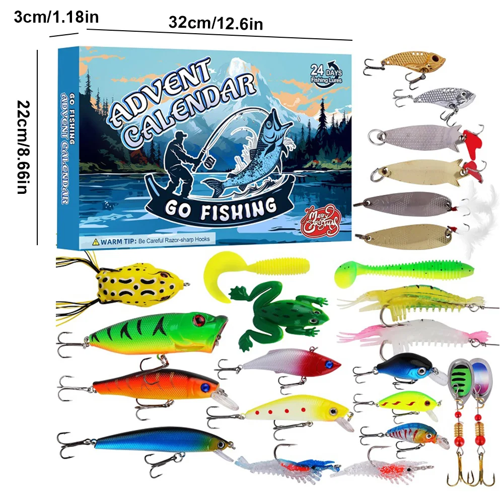 Calendario de Adviento 2024 Set de aparejos de pesca Calendario de Adviento Calendario de cuenta regresiva de Navidad de 24 días Caja de señuelos de pesca Regalos de Navidad para amantes de la pesca
