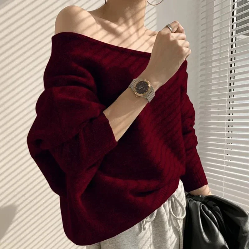 

Autumn Off Shoulder Knitted Pullovers Tops Korean Style Slash Neck Mohair Sweater Women Loose Outwear Soft Warm Sweaters 28921