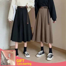 

Korean Style Mid-length Women Skirts Casual Solid High Waist Chic Elegant Spring Autumn All-match Basic Office Elegant Skirt